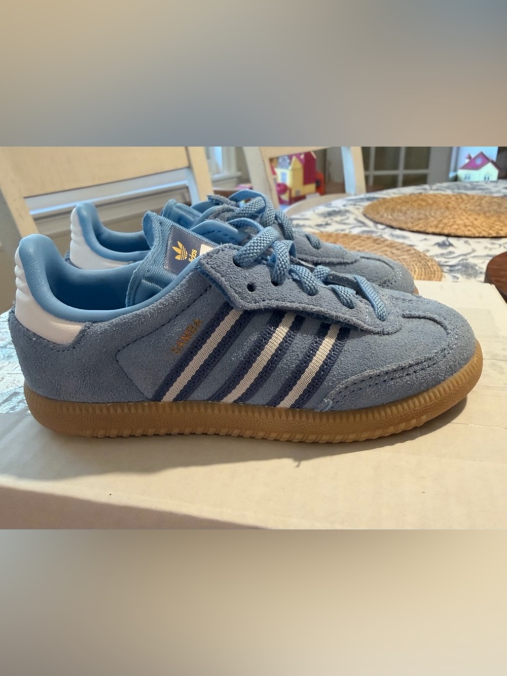 Adidas Samba Suede Sneakers in Sky Blue with Navy & White Stripes and Gum Sole